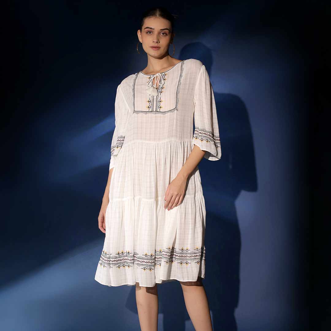 Saint Autumn White Dobby Knee Dress | SaintG Women's – SaintG India