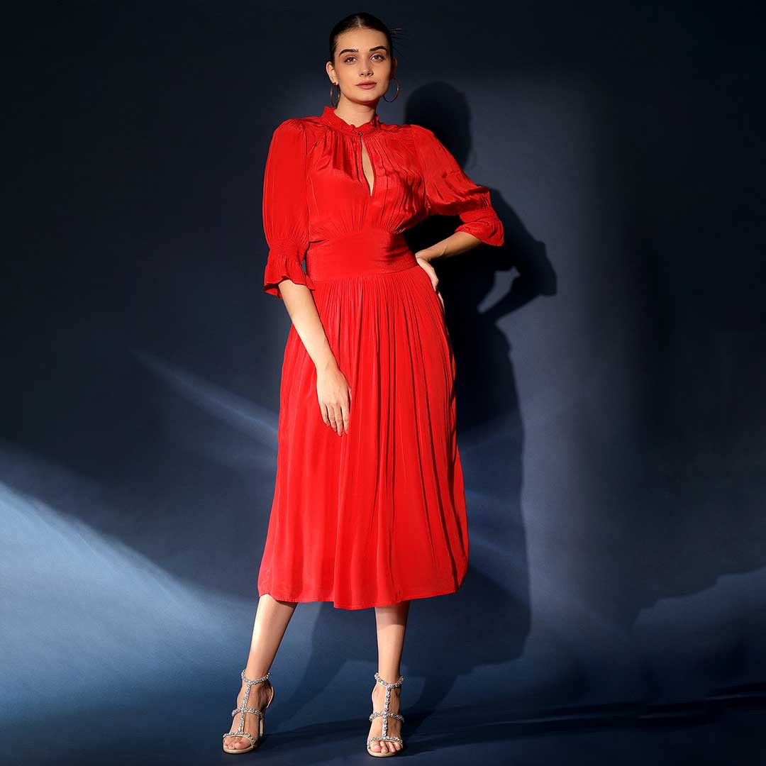 SaintG Saint Womens Crimson Solid Viscose Sunfeel Midi Dress Red / S