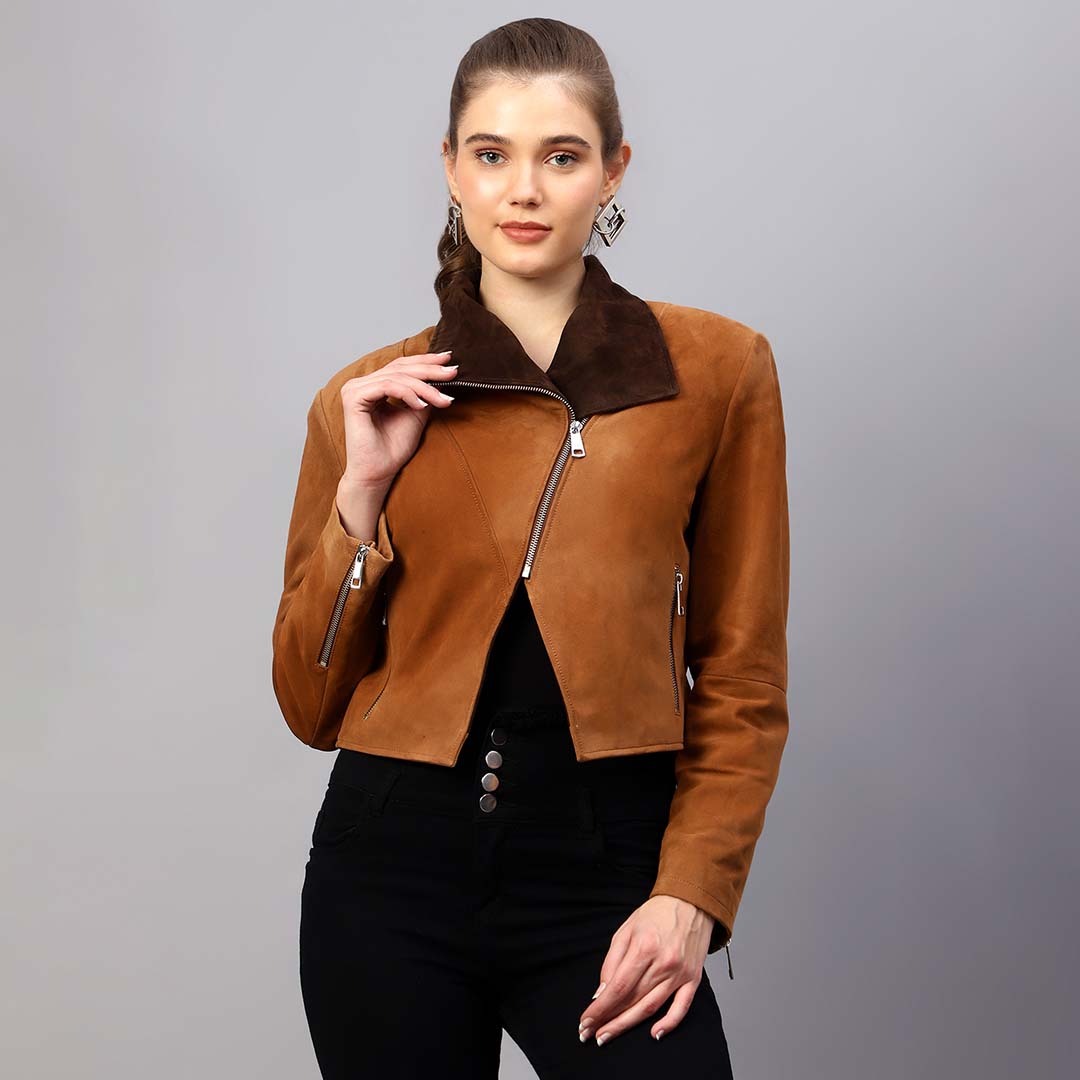 Saint Rebecca Women Light Brown Leather Spread Collar Jackets