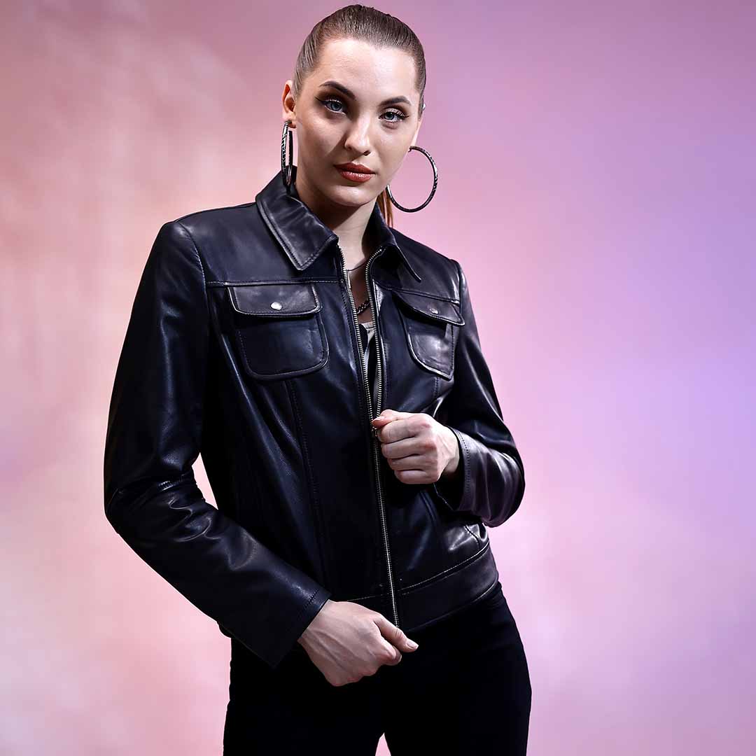 Saint Claiborne Women black Leather Spread Collar Jackets