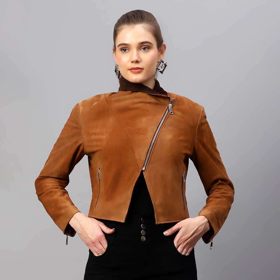 Saint Rebecca Women Light Brown Leather Spread Collar Jackets