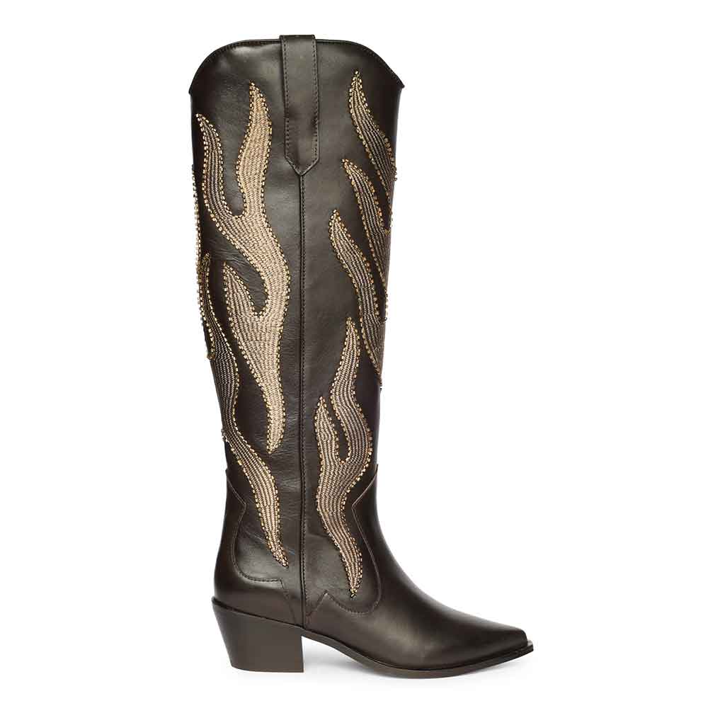 Saint Tiziana Hand Embroidered Brown Leather Cowboy Boots - Main Image