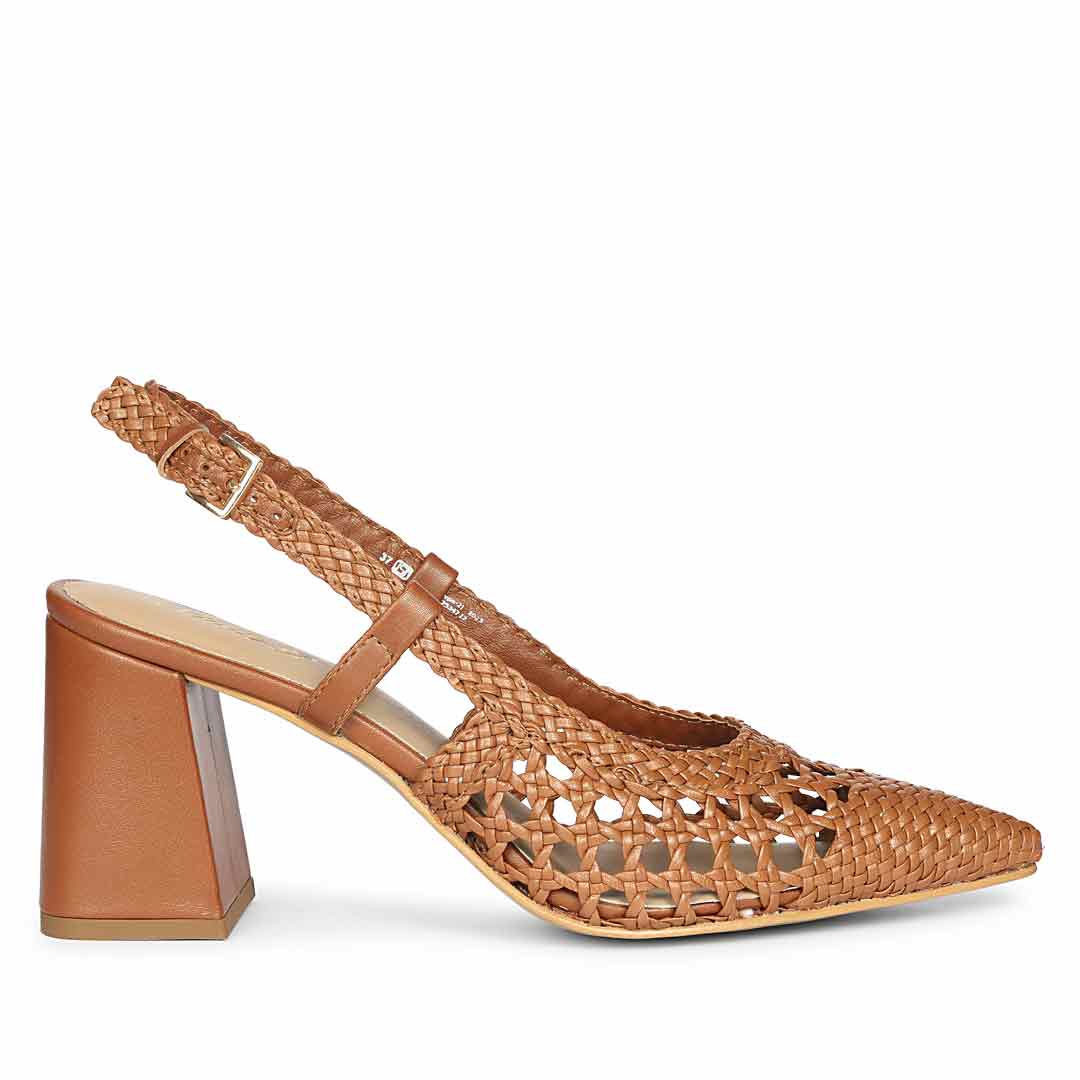 Saint Fabienne Hand Woven Tan Leather Block Heels