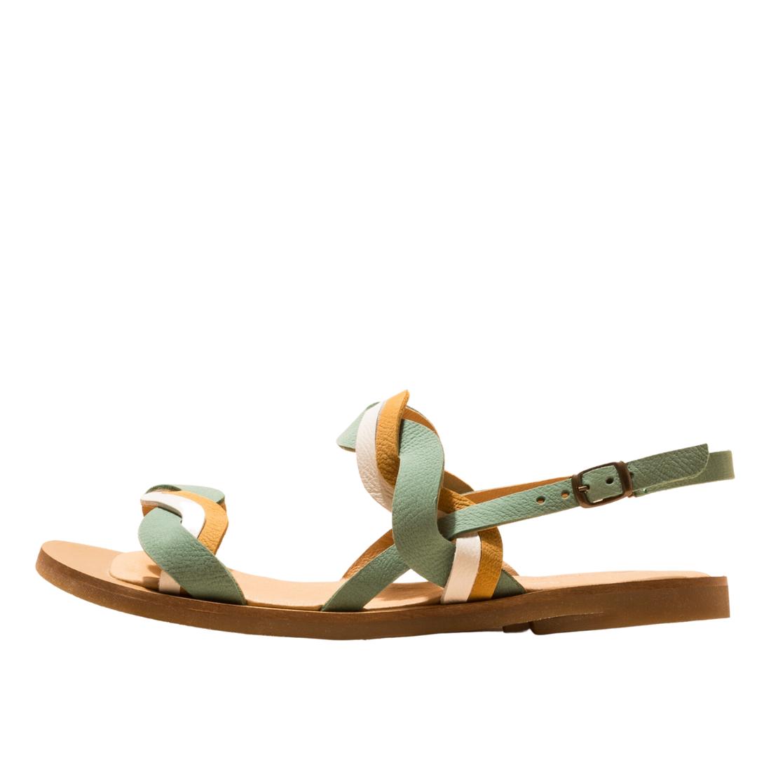 El Naturalista Mint Mixed Embellished Leather Block Sandals with Buckle