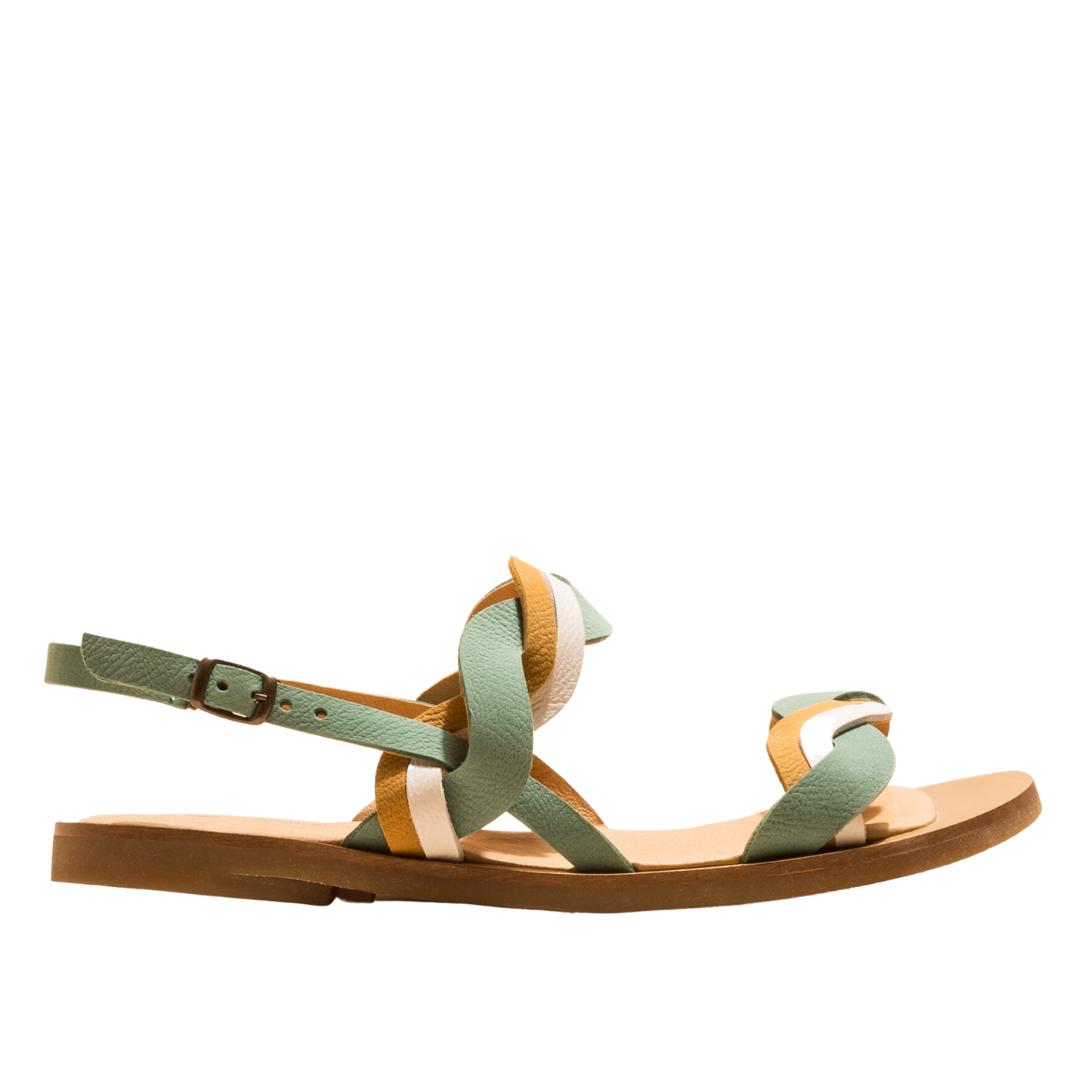 El Naturalista Mint Mixed Embellished Leather Block Sandals with Buckle