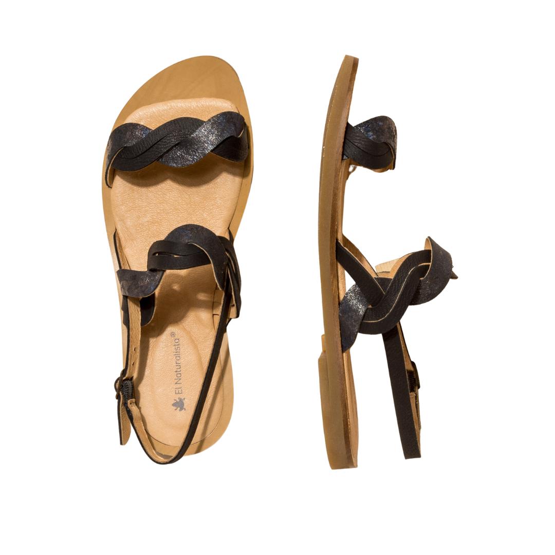El Naturalista Carbon Embellished Leather Block Sandals with Buckle