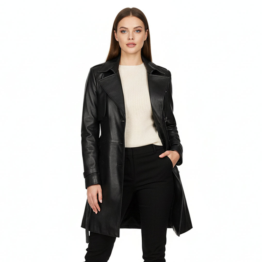 leather jacket woman within trench coat