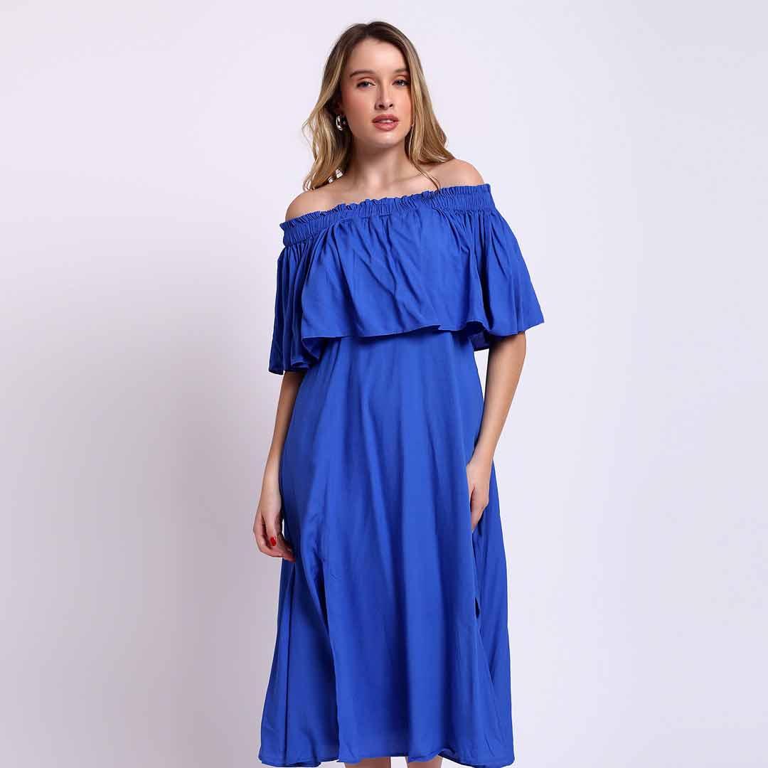 SaintG Saint Womens Blue Off-Shoulder Midi Dress Blue / M SaintG Saint Womens Blue Off-Shoulder Midi Dress Blue / M