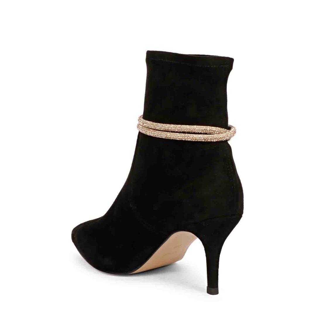 Black suede ankle boots, kitten heels, golden cord laces, SAINT REYNA footwear, stylish boots for women