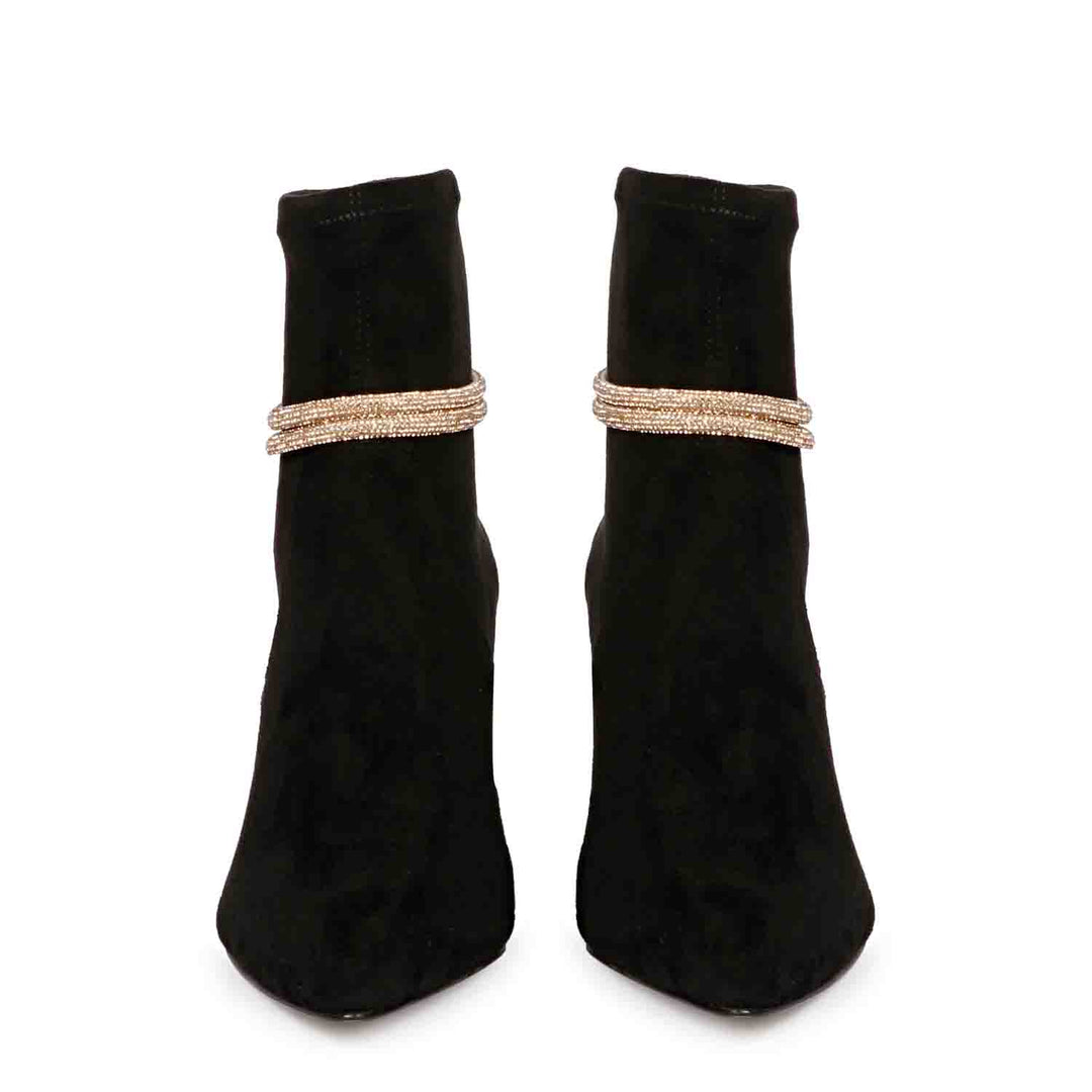 Black suede ankle boots, kitten heels, golden cord laces, SAINT REYNA footwear, stylish boots for women