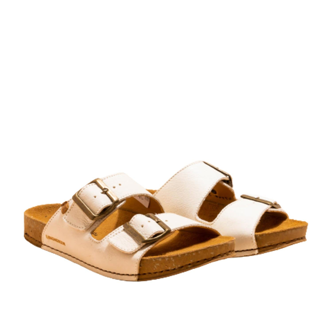 El Naturalista White Embellished Leather Block Sandals with Buckle
