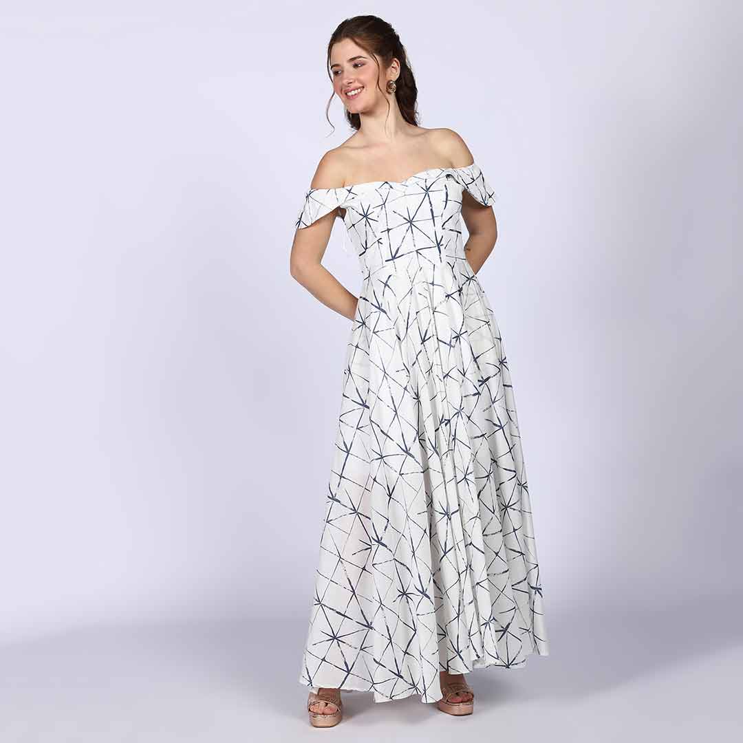 Saint Delfina Womens White Indigo Off Shoulder Cotton Maxi Dress – SaintG  India