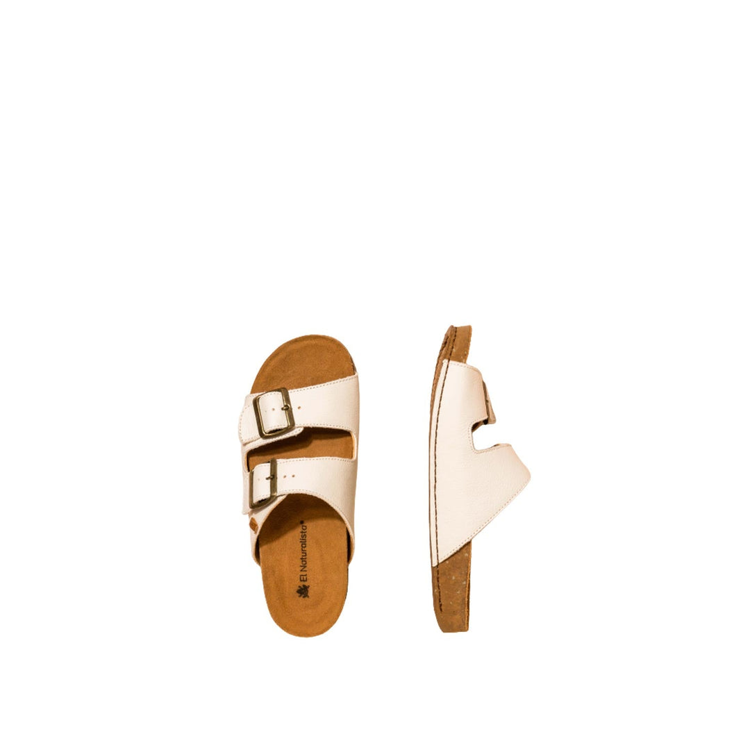 El Naturalista White Embellished Leather Block Sandals with Buckle