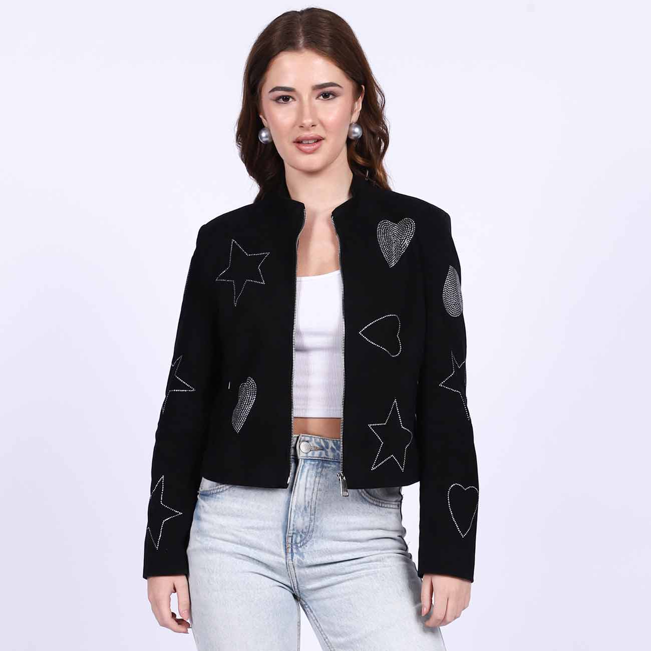 Buy Saint Venessa Black Stone Embossed Women Biker Jacket Online
