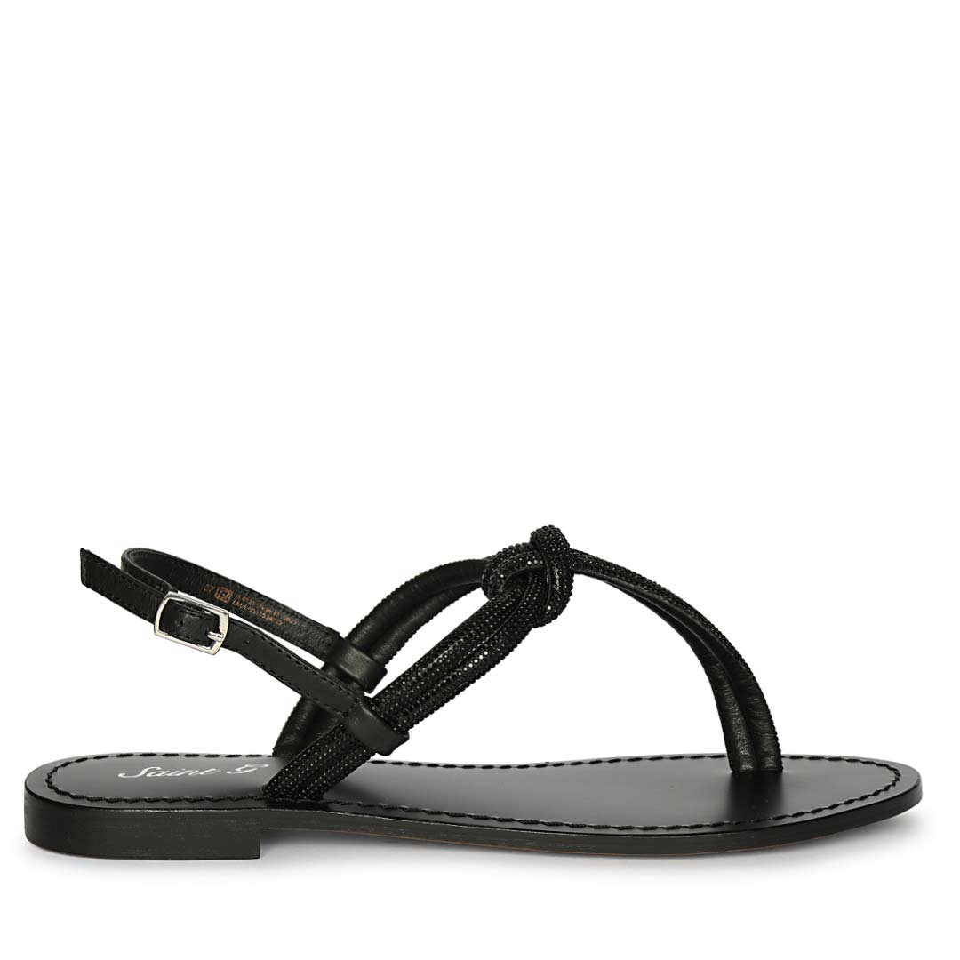 Saint Elsie Crystal Cord Black Leather Flat Sandals