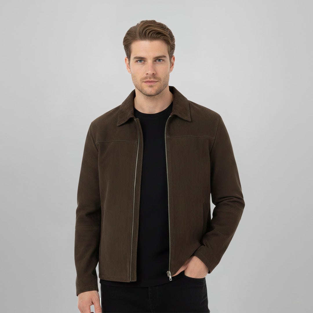 Buy Aris Chocolate Suede Leather Mens Jacket With Collars Online