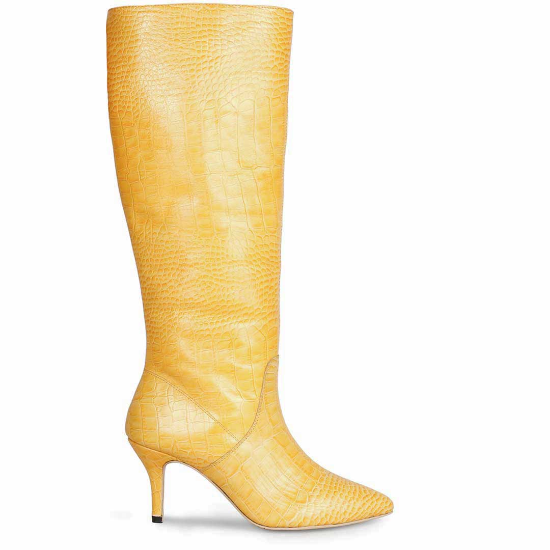 YELLO レザーロングブーツ Saint Adella Croco Embossed Yellow Leather Long Boots – SaintG India