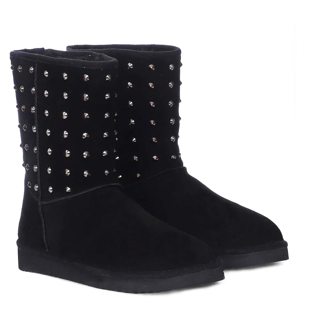 Chic and edgy Saint Estrella Metal Studded Black Suede Snug Boots – your stylish statement for a bold and comfortable stride