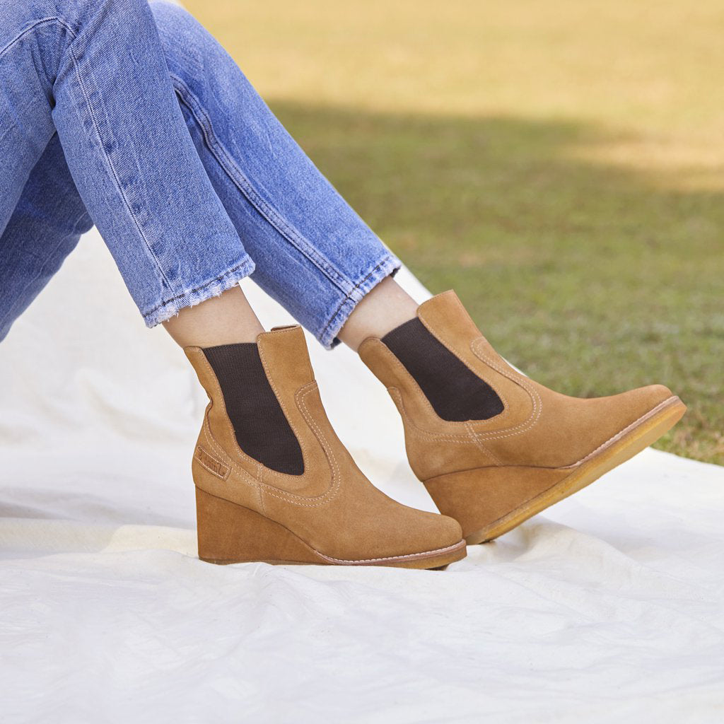 Chic Saint Tesora Tan Suede Leather Mid Heel Wedge Boots - Stylish comfort for every step, a perfect blend of fashion and sophistication