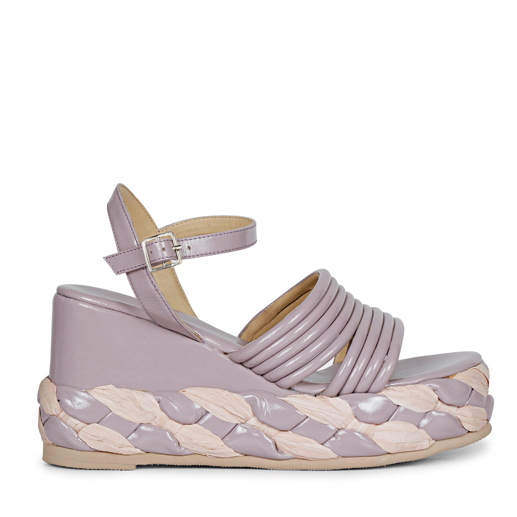 Step out in fashion with lilac leather platform sandals.