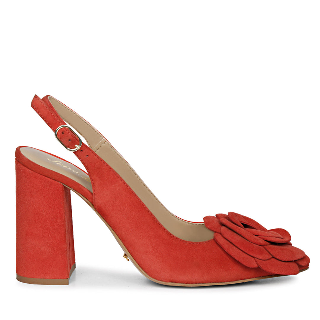 Red suede leather heels with floral embellishments - Saint Naiya's elegant statement footwear