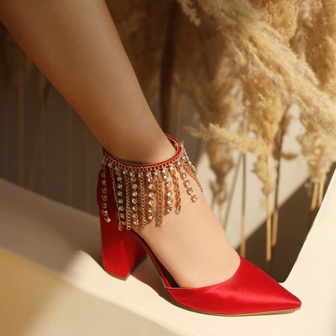 Saint Fayette's Glamorous Stone-accented Red Satin Block Heels