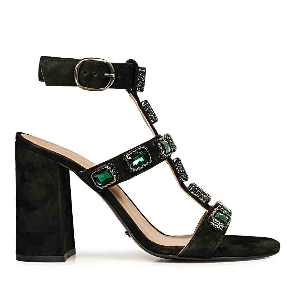 Saint Shirley Heels: Black Leather, Stylish Green Stone Embellishments