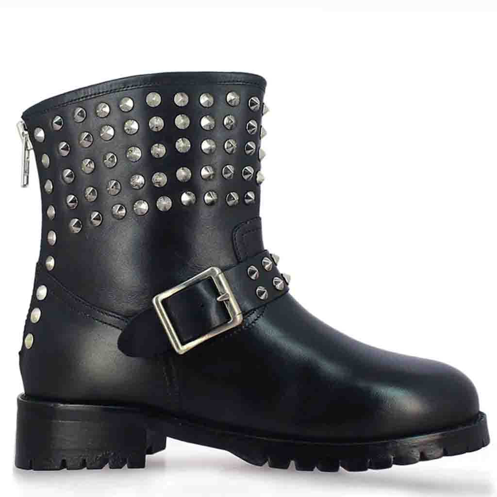 Giuseppina Metal Studded Black Leather Biker Boots