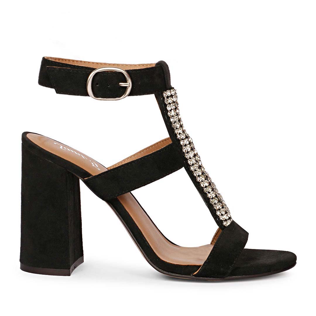 Saint Silvia Stone Embellished Black Suede Leather Block Heels
