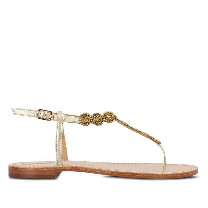 Alcina Platin Leather Gold Embroidered Flat Sandals