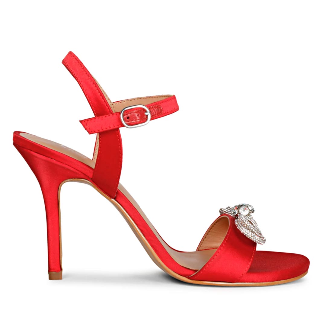 Saint Hayden Crystal Bow Red Satin-Leather Stilettos