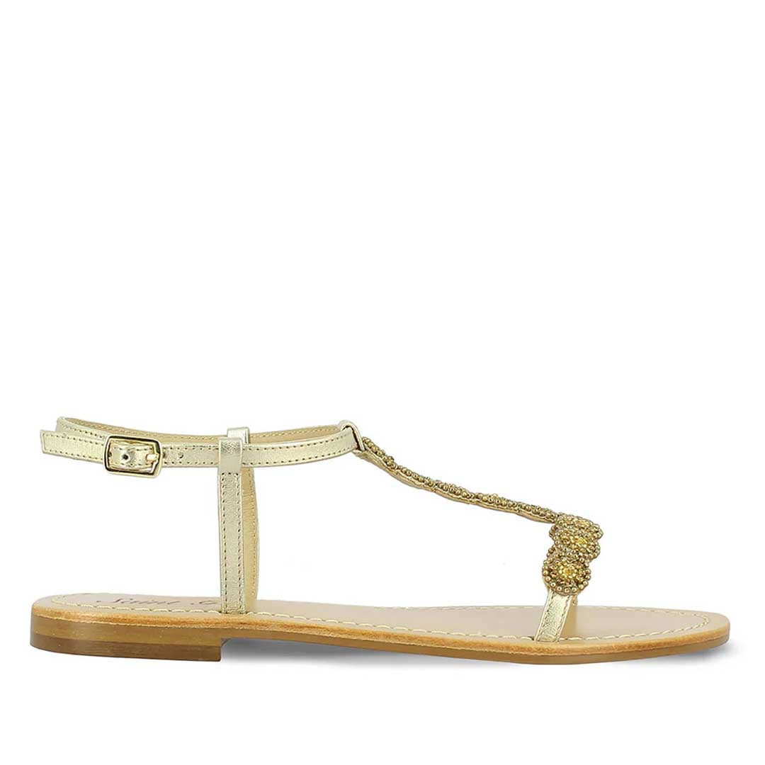 Adele Metallic Platin Leather With gold Embroidery Sandals