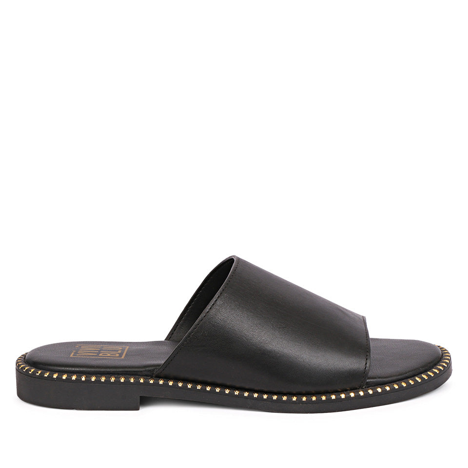Sariel Black Leather Flat Sandals