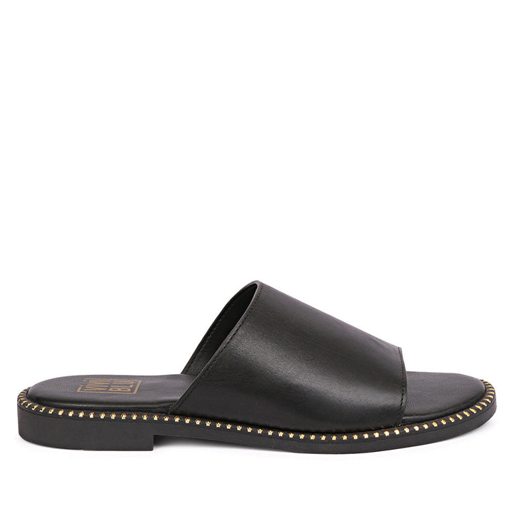 Sariel Black Leather Flat Sandals