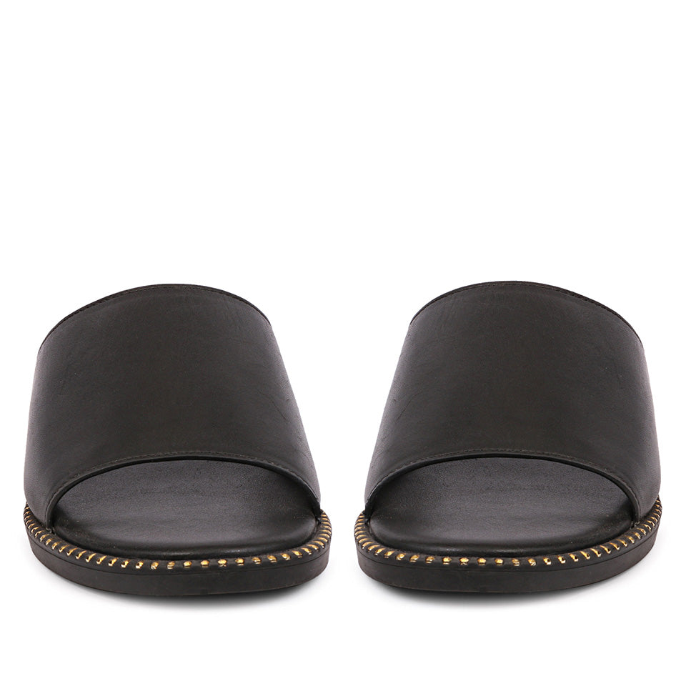 Sariel Black Leather Flat Sandals