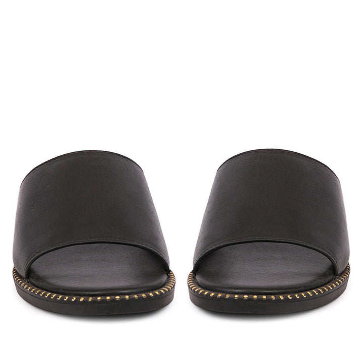 Sariel Black Leather Flat Sandals