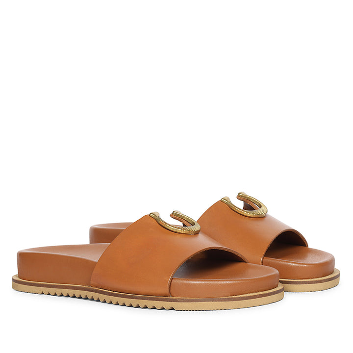 Lirica Tan Leather Flat Sandals