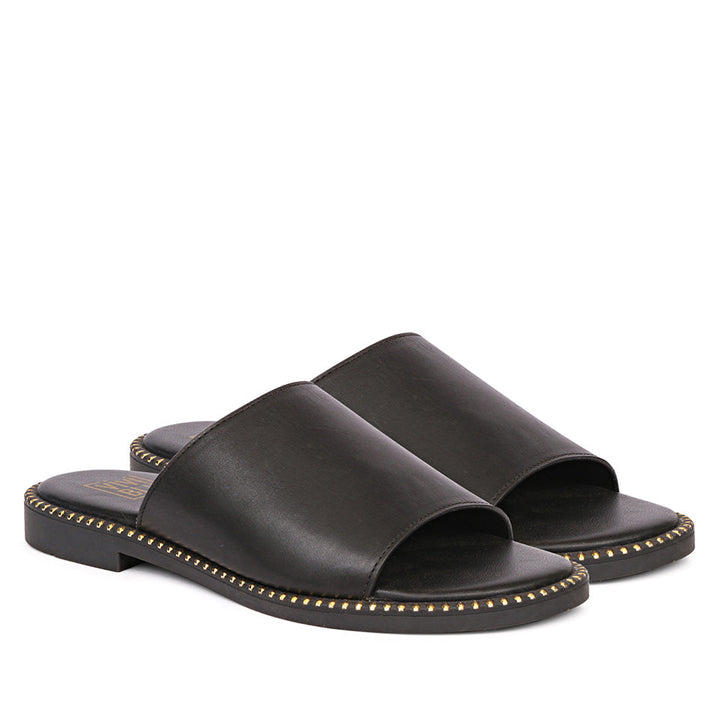 Sariel Black Leather Flat Sandals