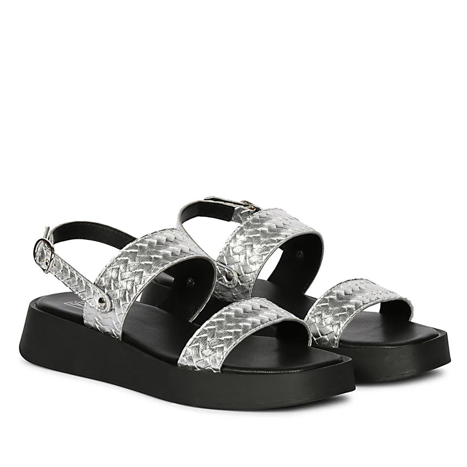 Genisa Silver Leather Flat Sandals
