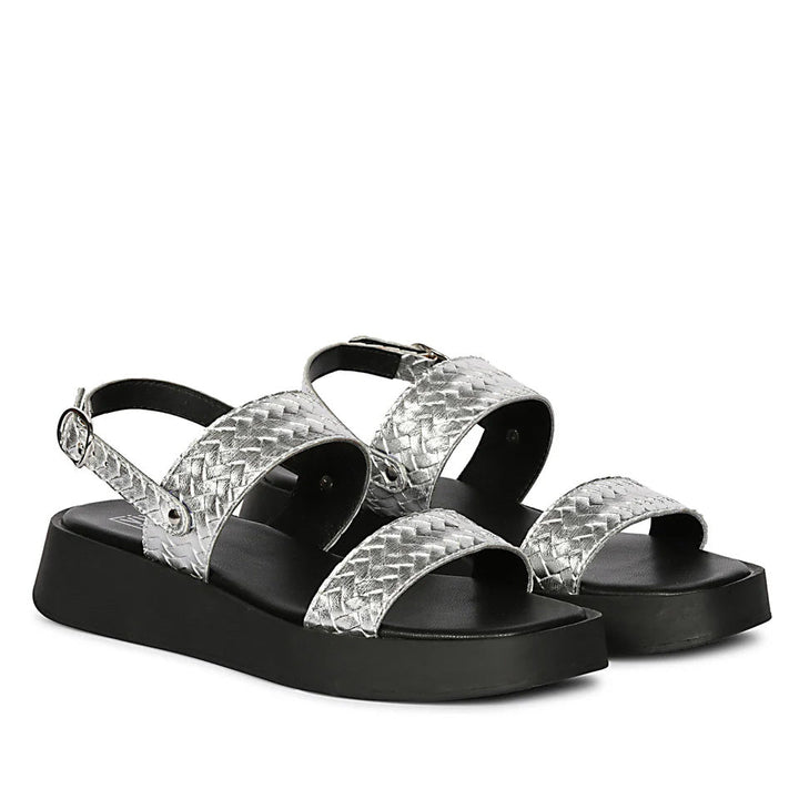 Genisa Silver Leather Flat Sandals