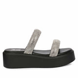 ViviBlu Black Leather Platform Sandals Embellished With Silver Straps