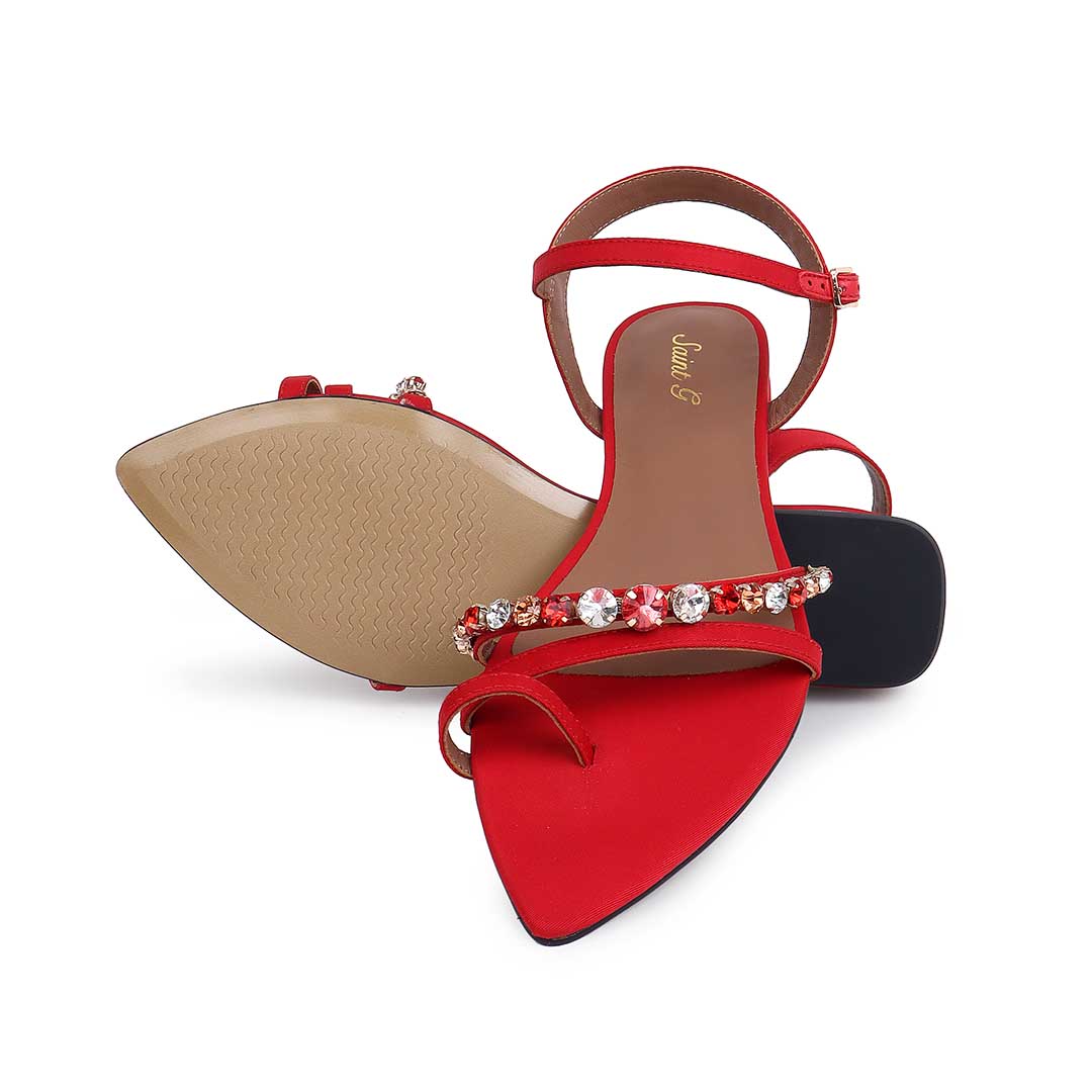 Saint Annie Stone Embellished Red Nylon Fabric Sandals