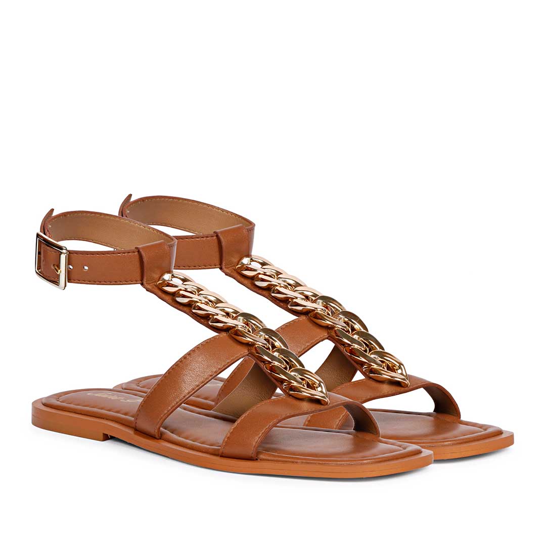 Saint Genesis Golden Chain Decor Brown Leather Sandals