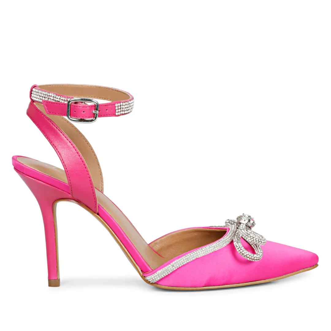 Saint Kylie Silver Crystal Bow Hot Pink Leather Pumps