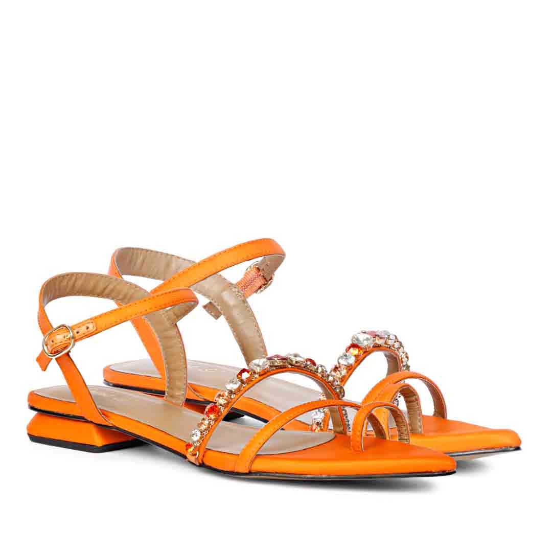 Saint Annie Stone Embellished Orange Nylon Fabric Sandals
