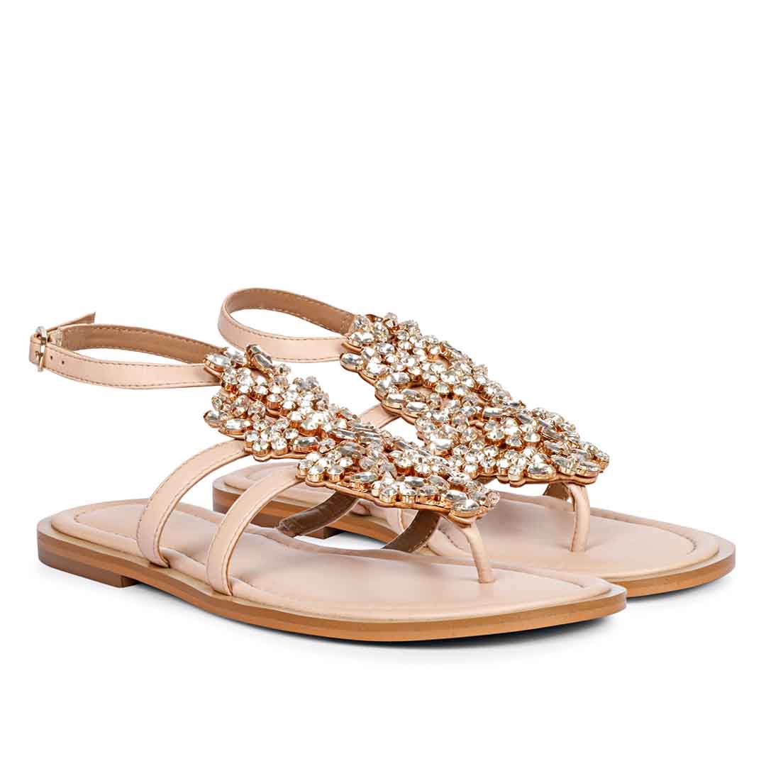 Saint Jenna Silver Stone Adorned Pink Leather Flat Sandals