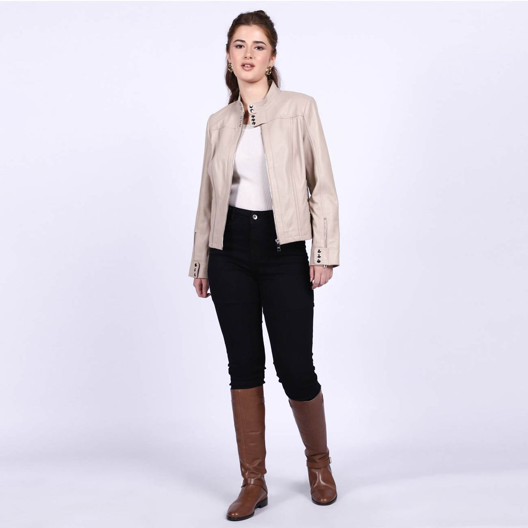Saint Amaya Beige Leather Women Cafe Racer Jackets