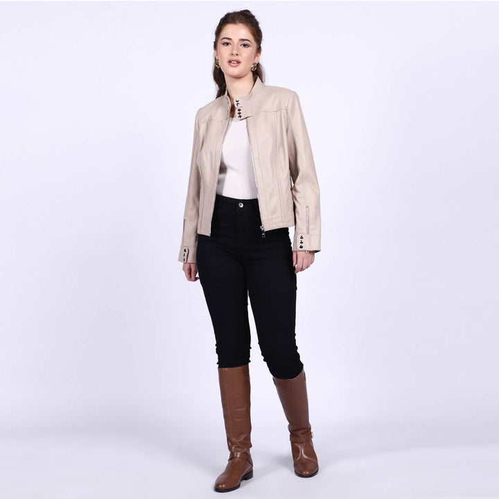 Amaya Beige women cafe racer leather jacket