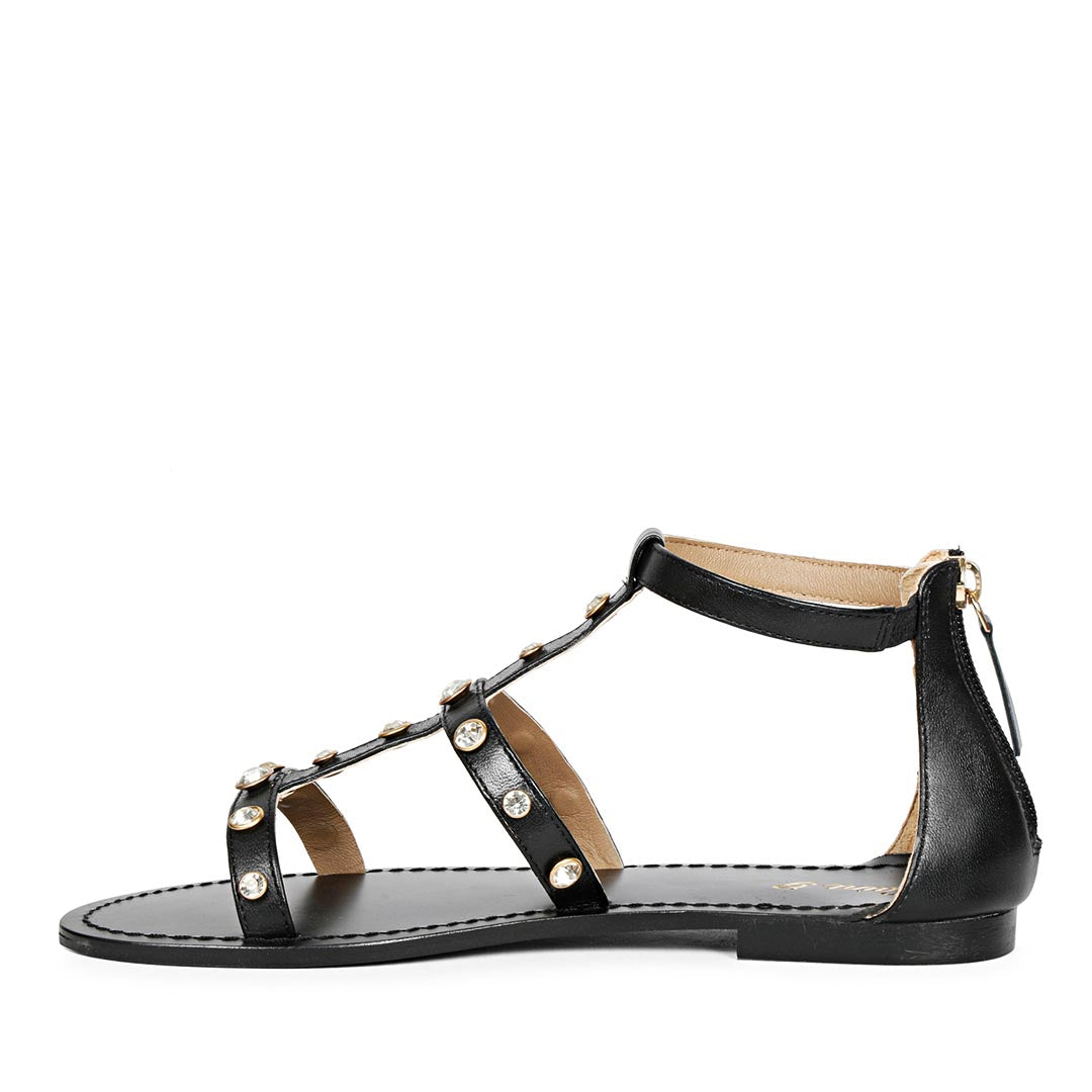 Saint Dion Crystal Stone Studded Black Leather Sandals