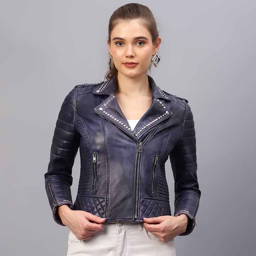 Saint Brielle Women Blue Leather Biker Style Jackets